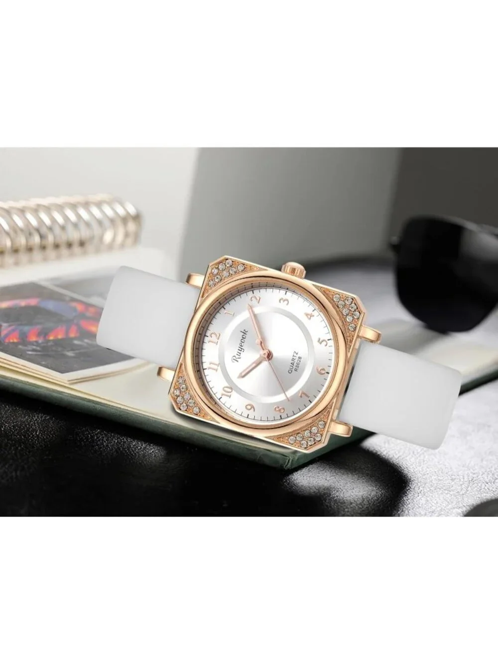 Women's White Analog Quartz Silicone Band Crystal Square Waterproof Wrist Watch